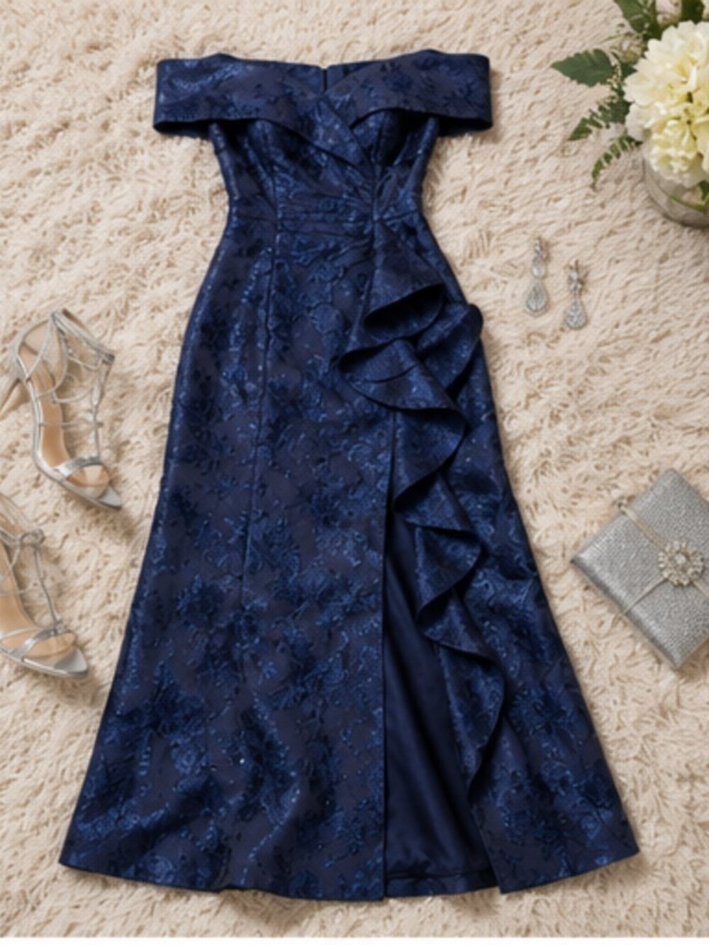 Xscape Jacquard Long Fit & Flare Gown Navy Size 12 NWT Formal Dress
